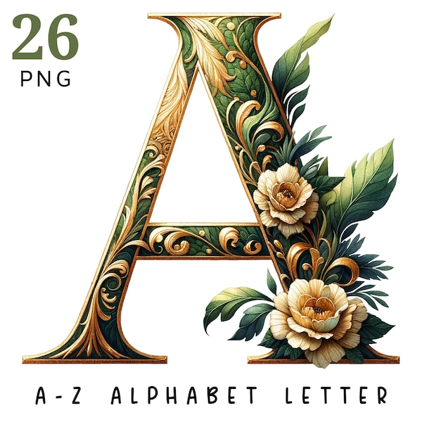 Floral Letter Monogram: Green Flower Alphabet Clipart (PNG Digital Download)