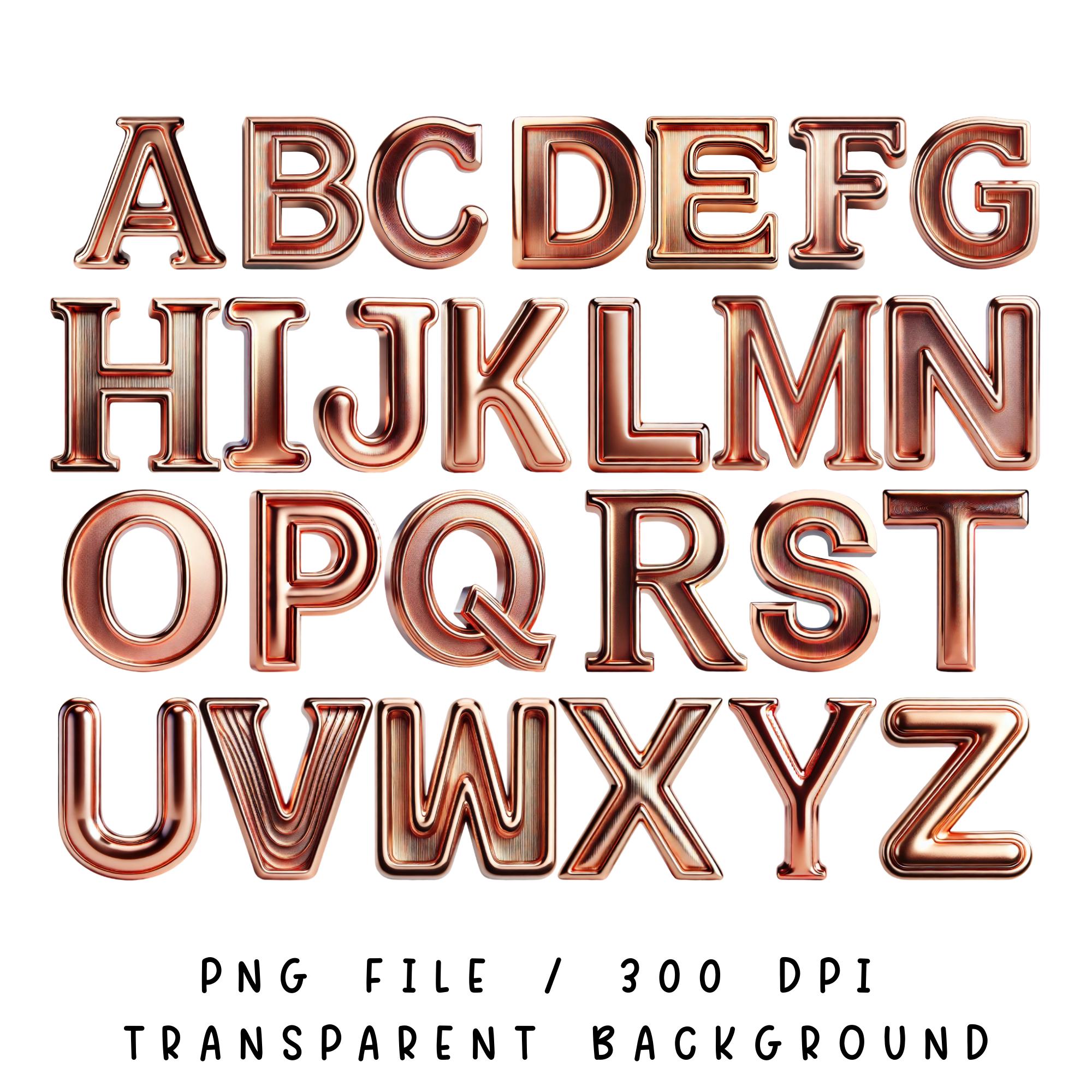 Rose Gold Chrome Alphabet PNG, Metallic Shiny Letters Digital Download ...