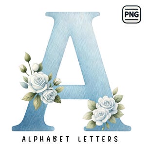 Alfabeto floral elegante en acuarela, alfabeto floral A - Z clipart, letras florales azules png, alfabeto de acuarela png, letra de boda png