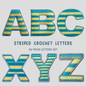 May include: A collection of striped crochet letters in blue and yellow, including A, B, C, X, Y, and Z. The letters are outlined in a darker blue and the image includes the text "STRIPED CROCHET LETTERS" and "26 PNGS LETTERS SET".