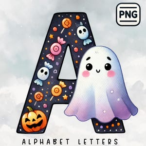 Alfabeto fantasma, Letras espeluznantes, Fantasmas de calabaza de Halloween, Decoración de Halloween, Carta de temporada espeluznante, Sublimación de manualidades para fiestas de Halloween Clip Art