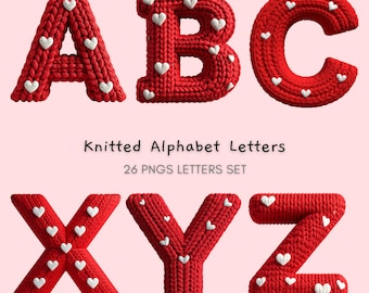 Knitted Alphabet Letters Clipart – Faux Red Yarn Texture with White Hearts – Cozy Crochet Font PNG Digital Download