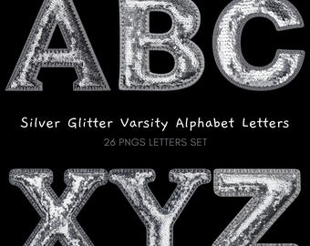 Faux Embroidery Sequin PNG Alphabet Set, Glitter Silver Varsity Alphabet PNG Digital Clip Art