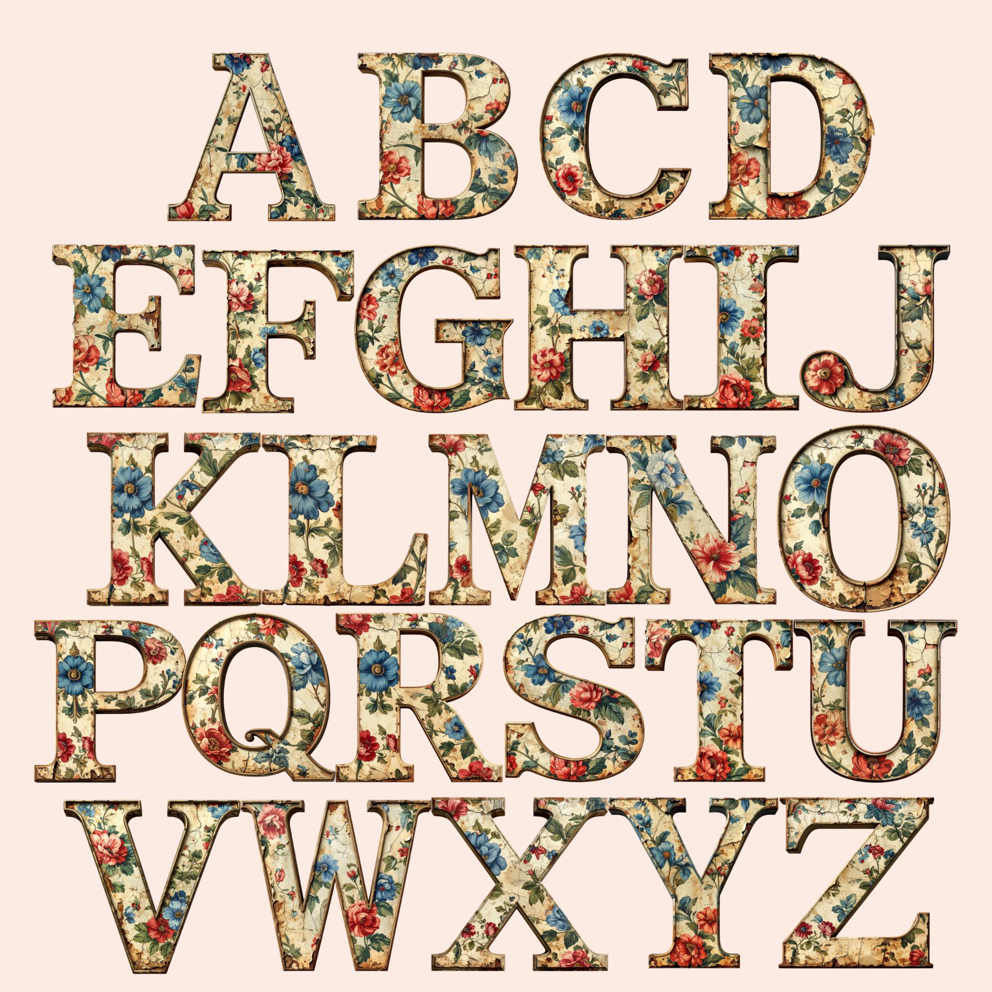 Vintage Floral Alphabet Clipart – Shabby Chic PNG Font (digital File ...