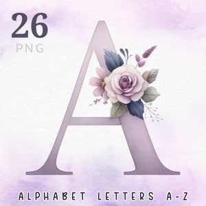 Alfabeto Floral A - Z clipart, Letras Florais Roxas Png, Alfabeto Aquarela png, Carta de casamento png, Alfabeto 26 Letras Florais clipart