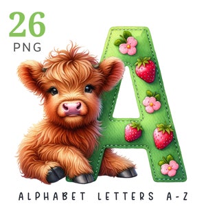 Letras fofas do alfabeto de vaca Highland A-Z, conjunto de alfabeto adornado com design verde morango, tema de berçário de animais fofos, download de arquivo digital