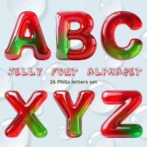 May include: A set of red and green jelly-style alphabet letters, including A, B, C, X, Y, and Z. The letters are transparent with a glossy finish. The image also includes the text "JELLY FONT ALPHABET" and "26 PNGs letters set".