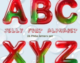 May include: A set of red and green jelly-style alphabet letters, including A, B, C, X, Y, and Z. The letters are transparent with a glossy finish. The image also includes the text "JELLY FONT ALPHABET" and "26 PNGs letters set".