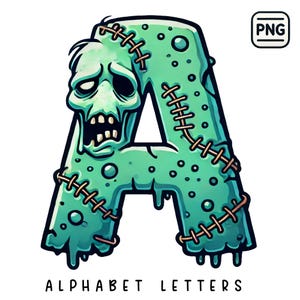 Lettere Zombie PNG, Alfabeto Zombie Verde, Lettere di Halloween, Lettere Scarabocchio, Alfabeto Zombie Carino, Download Digitale Stampabile di Halloween