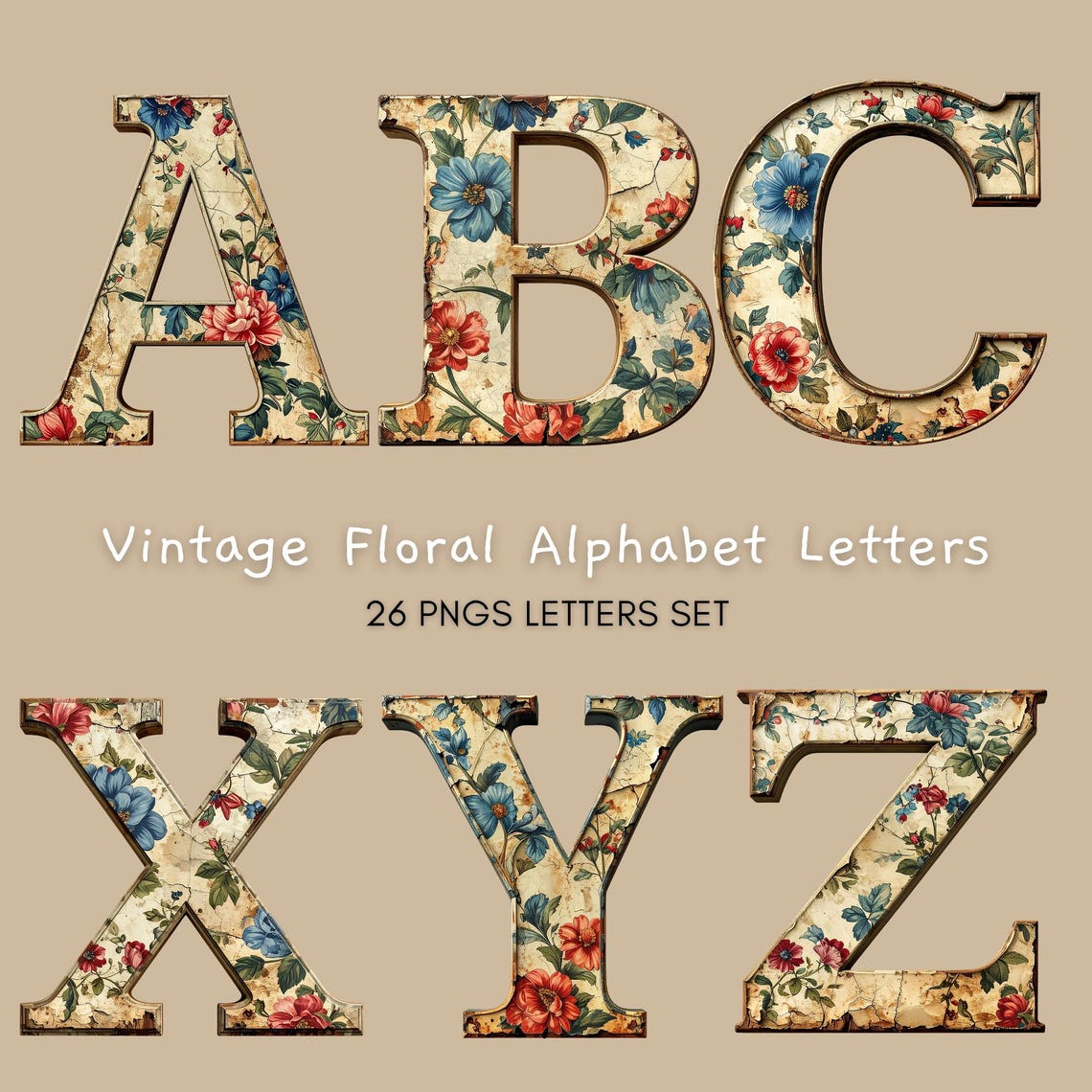 Vintage Floral Alphabet Clipart – Shabby Chic PNG Font (digital File ...