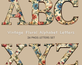 Vintage Floral Alphabet Clipart – Shabby Chic PNG Font (Digital File Download)