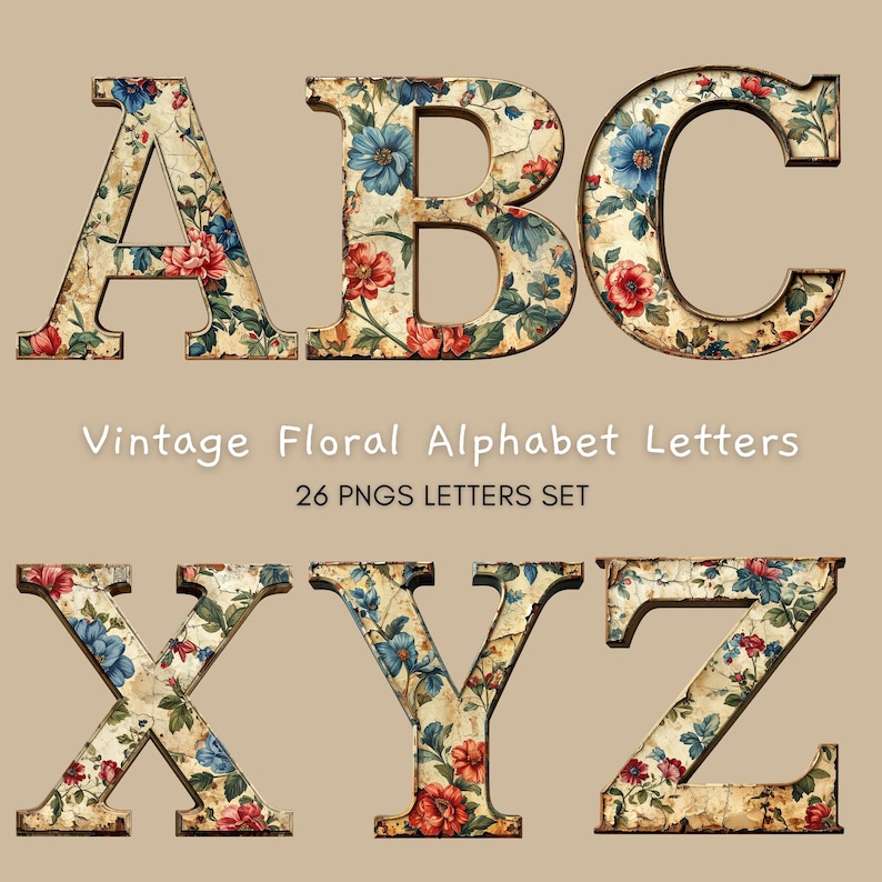 Vintage Floral Alphabet Clipart – Shabby Chic PNG Font (digital File ...