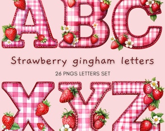 Strawberry alphabet clipart, gingham letter png, strawberry font design for crafts sublimation digital download
