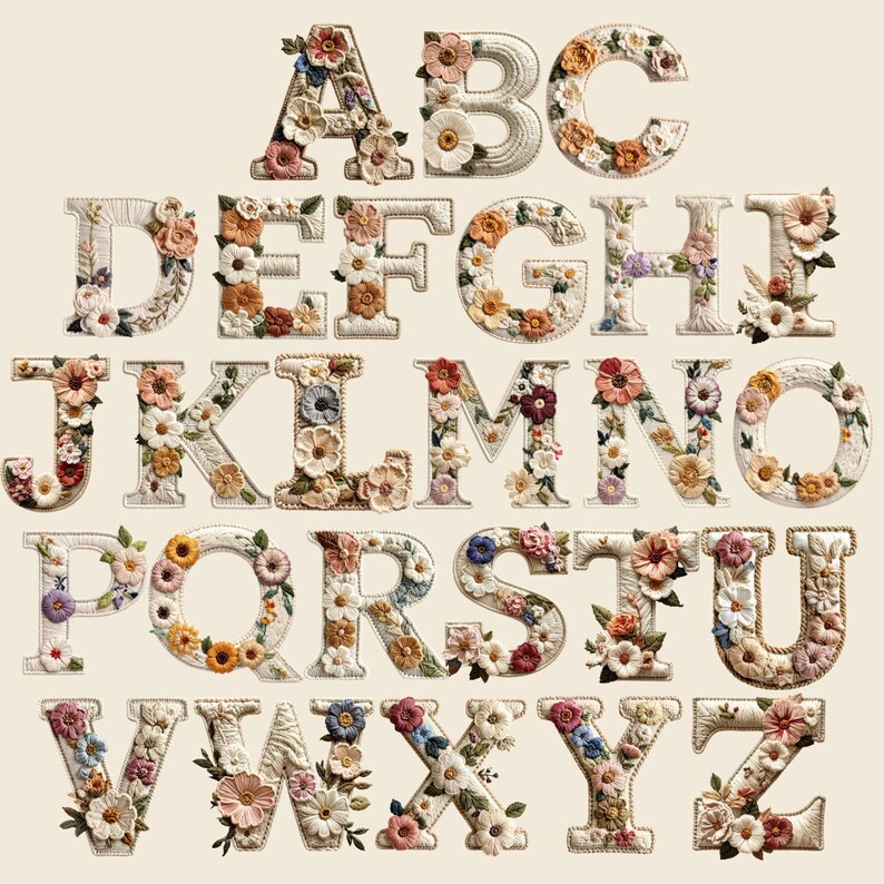 Floral Embroidery PNG 3D Flower Alphabet Boho Monogram Letters Digital ...