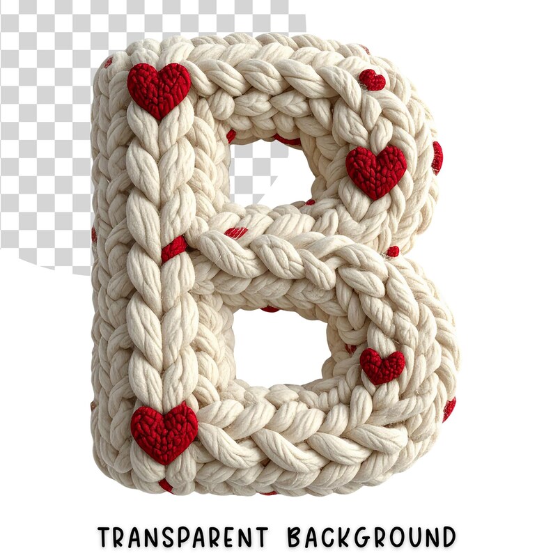 May include: A large, cream-colored knitted letter "B" adorned with small, red heart appliqu&eacute;s. The letter is made of thick, braided yarn, with the hearts evenly spaced across the surface. The words "TRANSPARENT BACKGROUND" are at the bottom.
