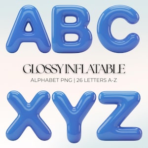 Puede incluir: Letras del alfabeto inflables azules y brillantes: A, B, C, X, Y y Z. La imagen incluye el texto "GLOSSY INFLATABLE" y "ALPHABET PNG | 26 LETTERS A-Z". Las letras tienen una apariencia 3D y están sobre un fondo degradado.