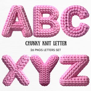 Può includere: Lettere rosa a maglia grossa: A, B, C, X, Y e Z. Le lettere sono realizzate con filato spesso e hanno un aspetto strutturato. L'immagine include il testo "CHUNKY KNIT LETTER" e "26 PNGS LETTERS SET".