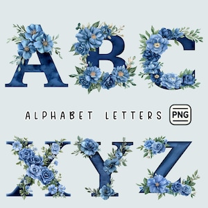 Lettere dell'alfabeto floreale blu PNG, monogramma floreale, lettere di fiori blu PNG, lettere di fiori digitali, lettere di acquerelli blu Alfabeto digitale