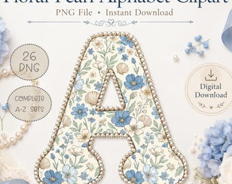 Floral Pearl Alphabet Clipart PNG, Blue Botanical Monogram Letters A-Z, Nursery Wall Art Initials, Baby Shower Digital Download