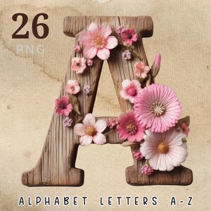 Bloemen hout alfabet A - Z clipart, 3D hout PNG letters, rustieke lettertype PNG, bruiloft brief png, alfabet houten letters clipart