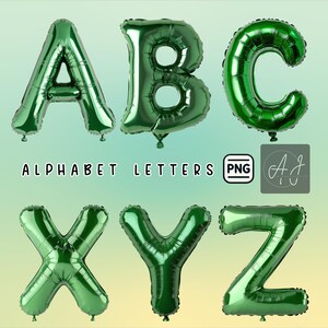 Clipart lettere palloncino verde, lettere metalliche lucide, lettere palloncino verde metallizzato, palloncini alfabeto festa, lettere decorazione compleanno