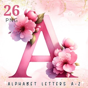 Rosa Sakura Alphabet Set, A bis Z Blüten Buchstaben, rosa Blumenmonogramm, Blumen Rosa Alphabet Clipart, druckbare Alphabet Buchstaben