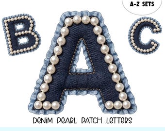 Denim Alphabet PNG, Pearl Patch Letters, Blue Jean Monogram Clipart, Sublimation Design