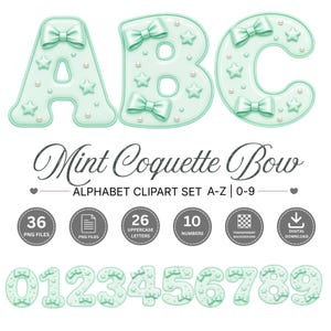 Mint Coquette Bow Alphabet PNG, Pastel Green Bubble Letters, Girly Monogram Sublimation