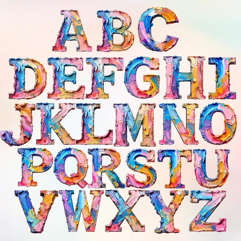 Puede incluir: Un alfabeto completo de letras may&uacute;sculas, cada una renderizada en un estilo grueso y texturizado que recuerda a la pintura al &oacute;leo. Las letras son una vibrante mezcla de colores, incluyendo azules, rosas, amarillos y naranjas, creando un efecto visualmente impactante y art&iacute;stico.