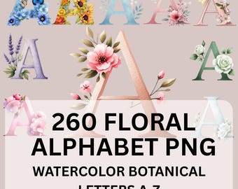 Watercolor Floral Alphabet PNG Bundle, Botanical Letters A-Z Clipart, Monogram Initials for Sublimation, Nursery Prints, DIY Crafts