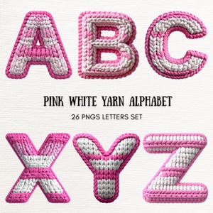 Peut inclure: Un ensemble de lettres en fil rose et blanc, comprenant A, B, C, X, Y et Z. Les lettres ont une texture tricotée et sont de style épais. Le texte "PINK WHITE YARN ALPHABET" et "26 PNGS LETTERS SET" est également visible.