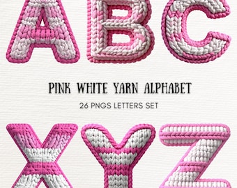 Pink Knitted Alphabet Clipart, Faux Yarn Crochet Font Style Digital Download