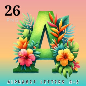 Alfabeto tropical A-Z, Letras de hojas florales png, Invitación de boda con fuente de verano, Descarga instantánea de letras hawaianas
