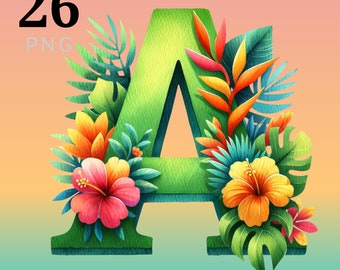 Tropical Floral Alphabet Letters A-Z: Hawaii PNG Font (Digital Download)
