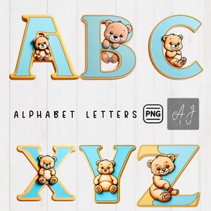 Simpatiche lettere maiuscole blu con un orsetto coccoloso, lettere fantasiose per bambini dalla A alla Z, decorazioni murali per la cameretta dei bambini, file digitale stampabile tramite sublimazione