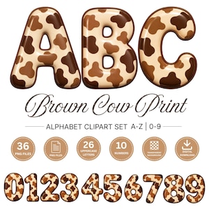 Cow Print Alphabet PNG, Brown Western Bubble Letters, Farmhouse A-Z Numbers Clipart, Nursery Name Monogram, Teacher Birthday Sublimation