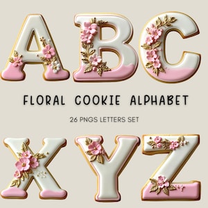 May include: A set of alphabet cookies, each letter decorated with white icing, pink accents, and floral embellishments. The letters are outlined in a golden-brown color. The text "FLORAL COOKIE ALPHABET" and "26 PNGS LETTERS SET" are also visible.