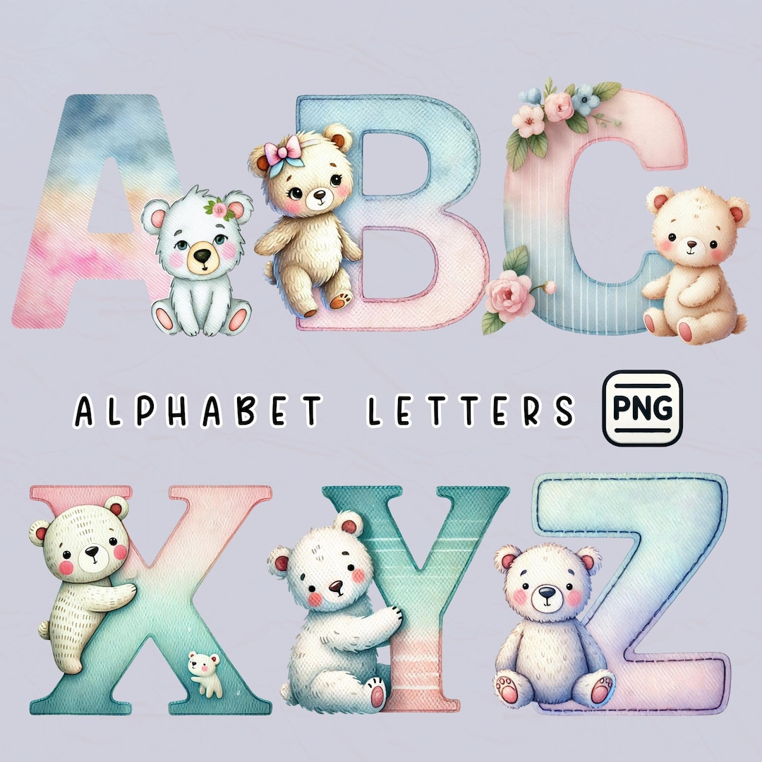 Watercolor Bear Alphabet Clipart: Pastel Nursery Letters (PNG) - Etsy