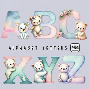 Clipart acquerello con lettere dell'alfabeto di orsi carini, decorazioni per la cameretta dei bambini in colori pastello, decorazioni per la cameretta dei bambini, regalo per baby shower, lettere pastello PNG