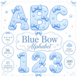 Conjunto de letras PNG con lazo azul, imágenes prediseñadas de letras y números coquetas, descarga digital de monogramas para niños.