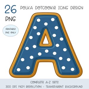 May include: A digital illustration of the letter "A" designed as a polka dot cookie. The letter is navy blue with white polka dots and a gold border. Text includes "26 PNG", "Printable PNG Only", and "Complete A-Z Sets".