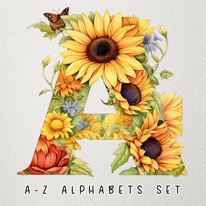 Conjunto de letras del alfabeto con temática de girasol A-Z, conjunto de alfabeto A-Z adornado con vibrantes diseños de girasol, flores con temática de verano PNG