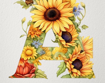 Sunflower Alphabet Letters A-Z Set: Summer Floral PNG (Digital Download)