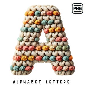 Diseño de sublimación de alfabeto tejido, letras PNG de hilo acogedor, diseño de alfabeto acogedor, letras de alfabeto tejidas de colores, letras PNG de crochet