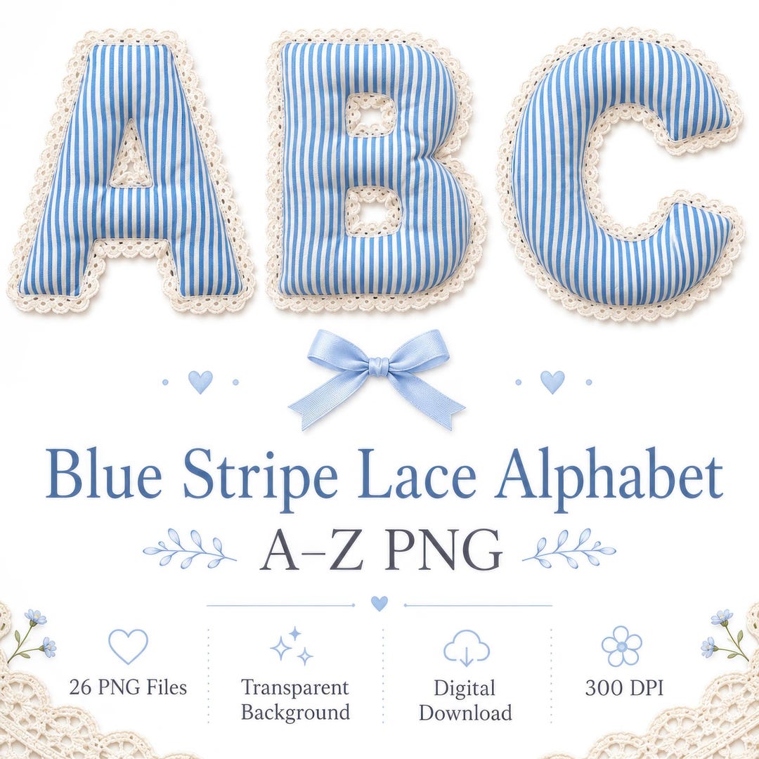 Blue Stripe Lace Alphabet PNG Set, Fabric Letters Style Clipart ...