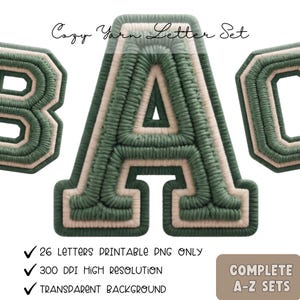 Yarn Letter Patch Style Alphabet PNG, Chenille Embroidery Green Monogram Letter Digital Download