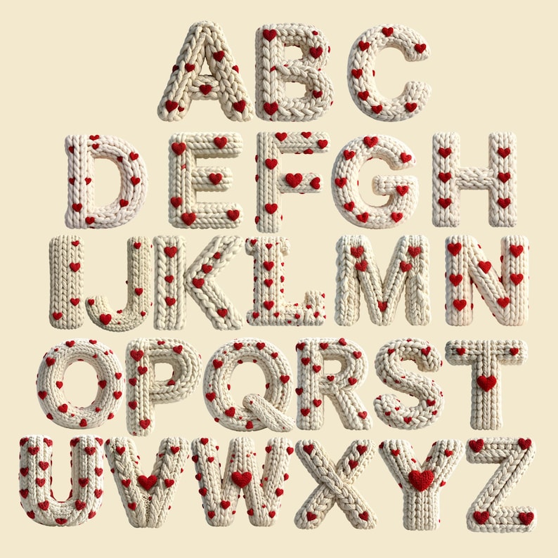 May include: A full alphabet set of knitted letters, each adorned with small red hearts. The letters are in a cream color, with the red hearts adding a contrasting pop of color. The letters are arranged in rows, creating a decorative display.