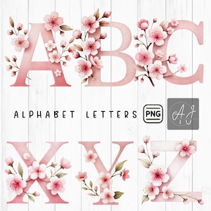 Alfabeto de flor de cerezo, conjunto de letras PNG florales, descarga digital de monograma de flor rosa, gráficos del alfabeto de boda de primavera