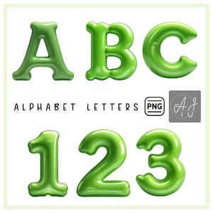 Aufgeblasene 3D-Alphabetbuchstaben, grüner glänzender Ballon für moderne Designs, englisches Alphabet in Großbuchstaben, Blasenbuchstabe PNG digitaler Download
