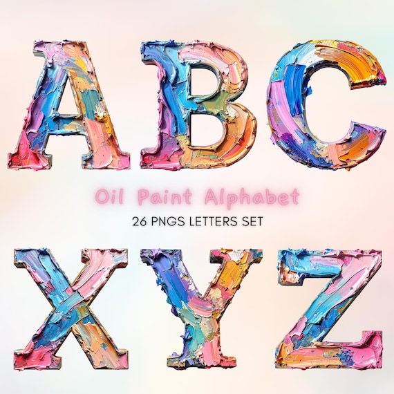 Oil Paint Alphabet Clipart, Brush Stroke Texture Font (PNG Digital Download)
